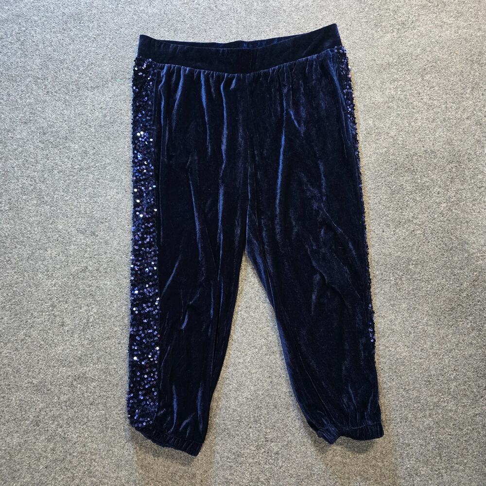Logo Lori Goldstein Pants Womens Large Petite Blue Velour Sequins Cropped Casual